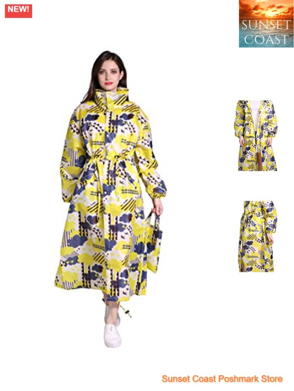 Stylish Long Raincoat with Hood and Multi Color Pattern